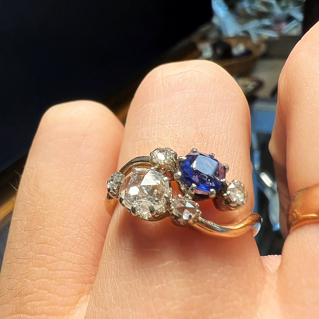 Rose cut diamond and sapphire toi-et-moi ring, from Selected Antiques & Jewellery stock