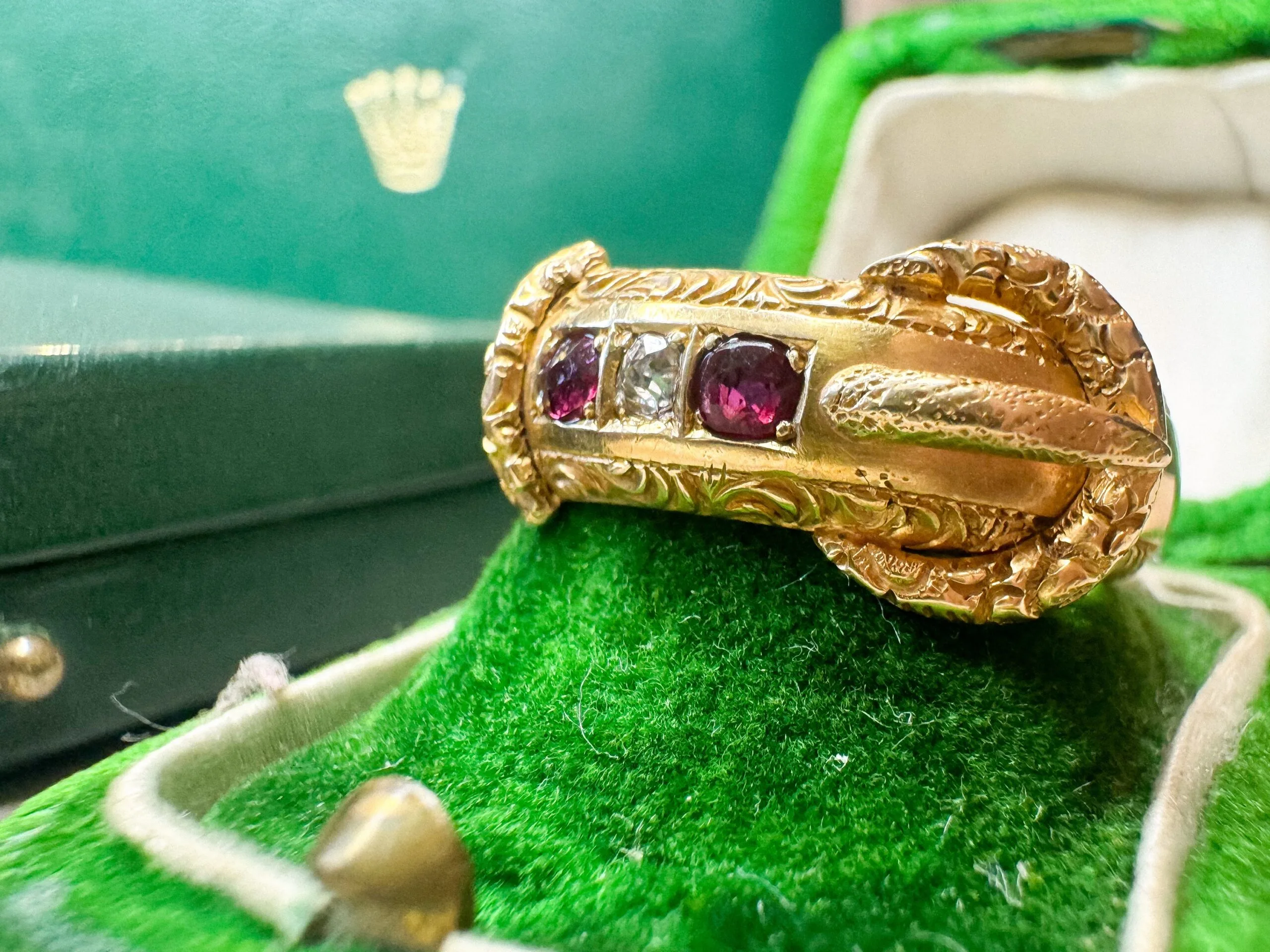 Antique 18ct Gold Ruby and Diamond Buckle Ring - Image 2