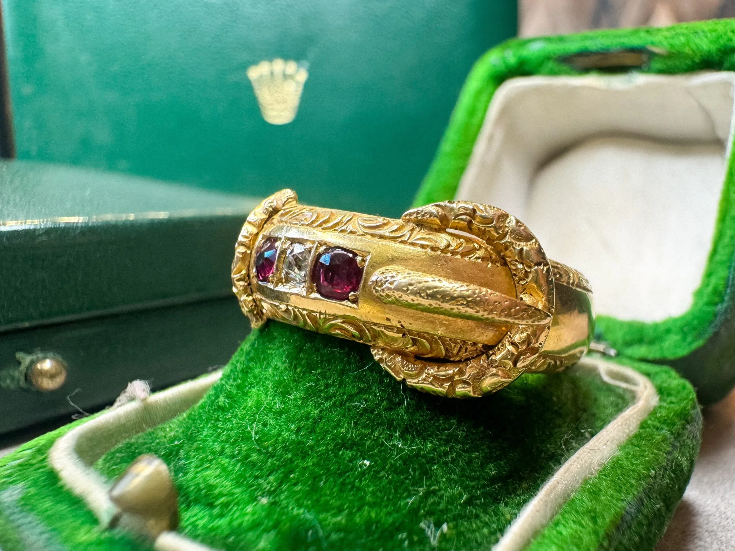 Antique 18ct Gold Ruby and Diamond Buckle Ring - Image 5