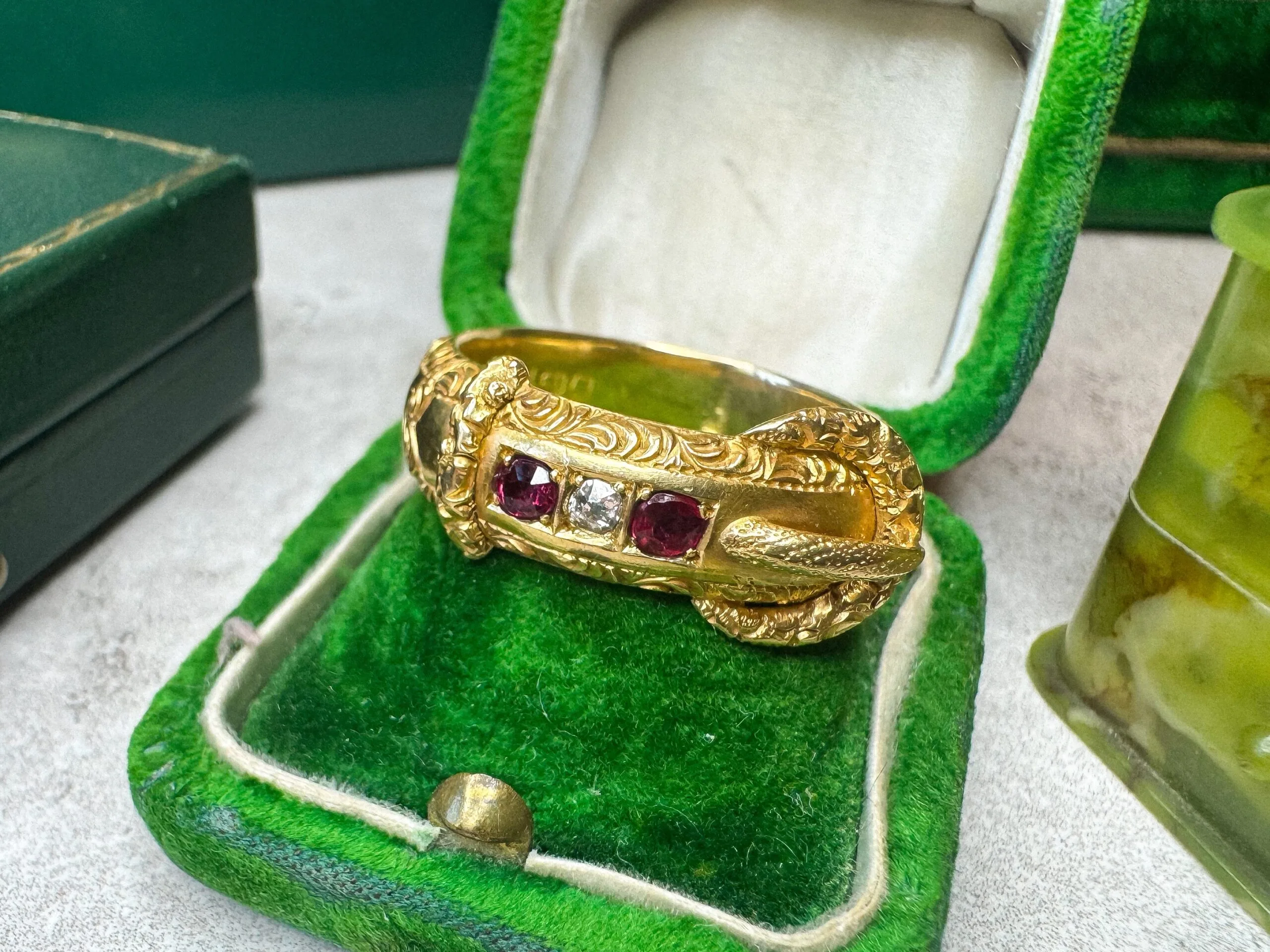 Antique 18ct Gold Ruby and Diamond Buckle Ring - Image 3