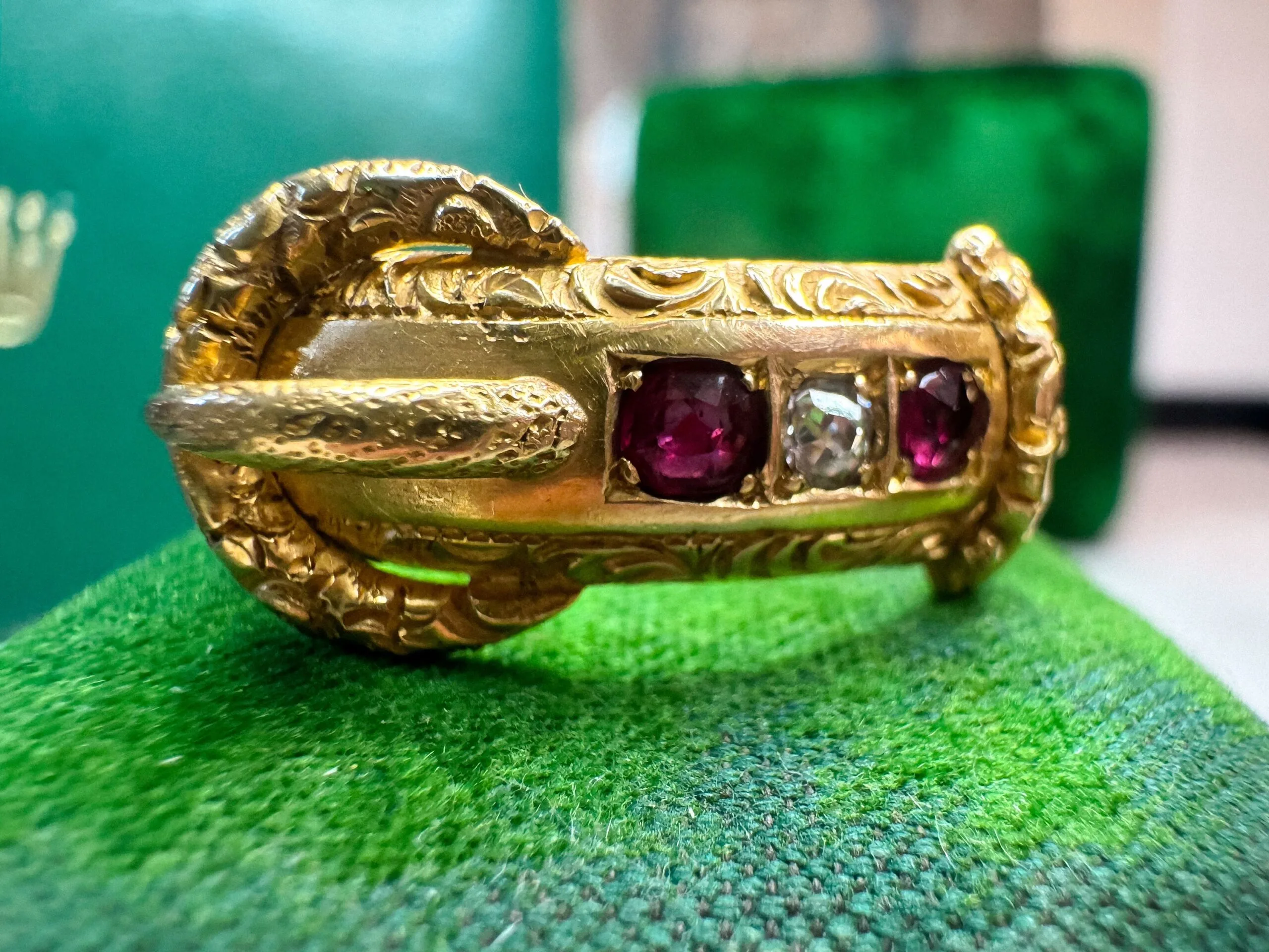 Antique 18ct Gold Ruby and Diamond Buckle Ring - Image 6