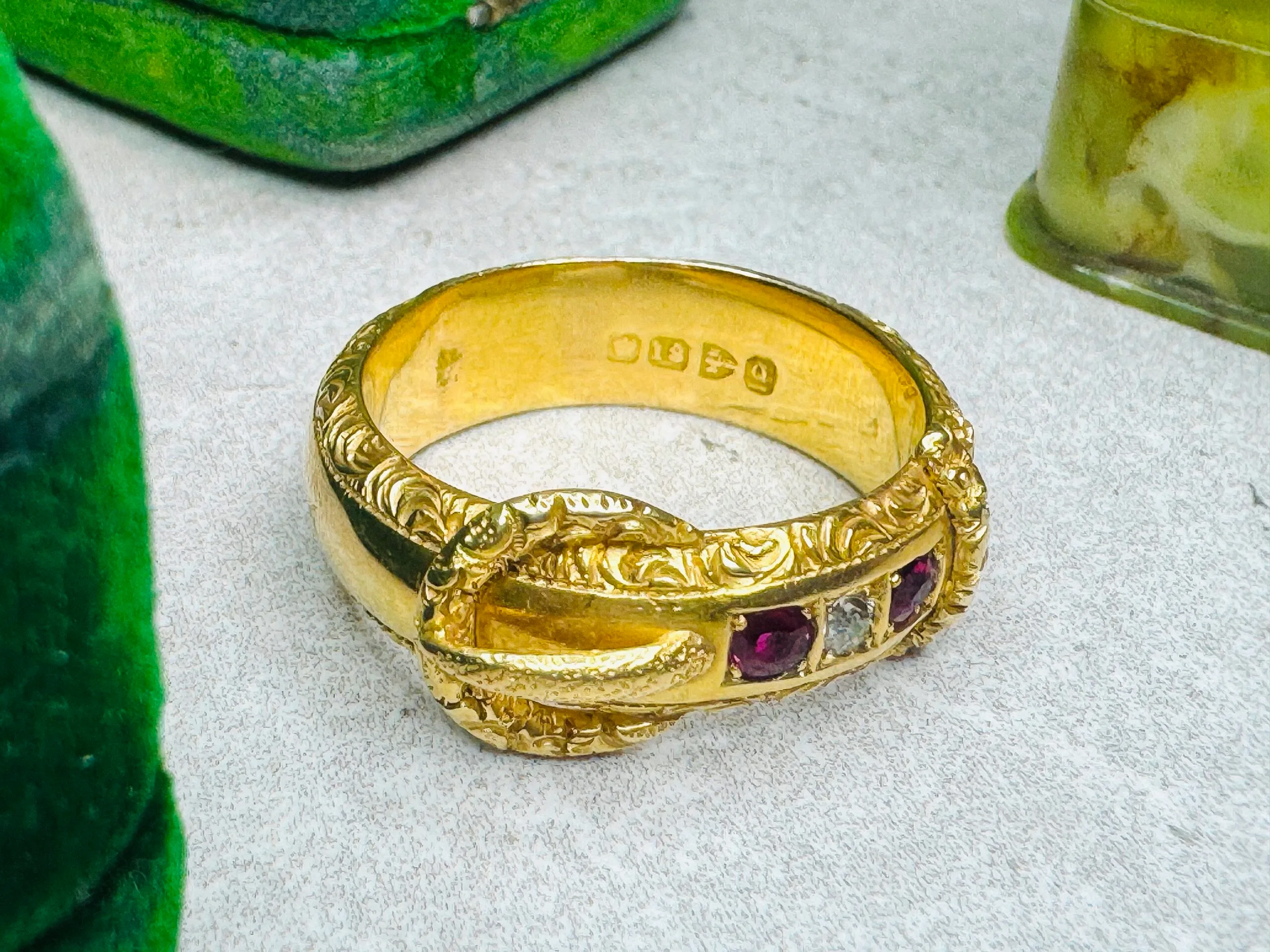 Antique 18ct Gold Ruby and Diamond Buckle Ring - Image 4