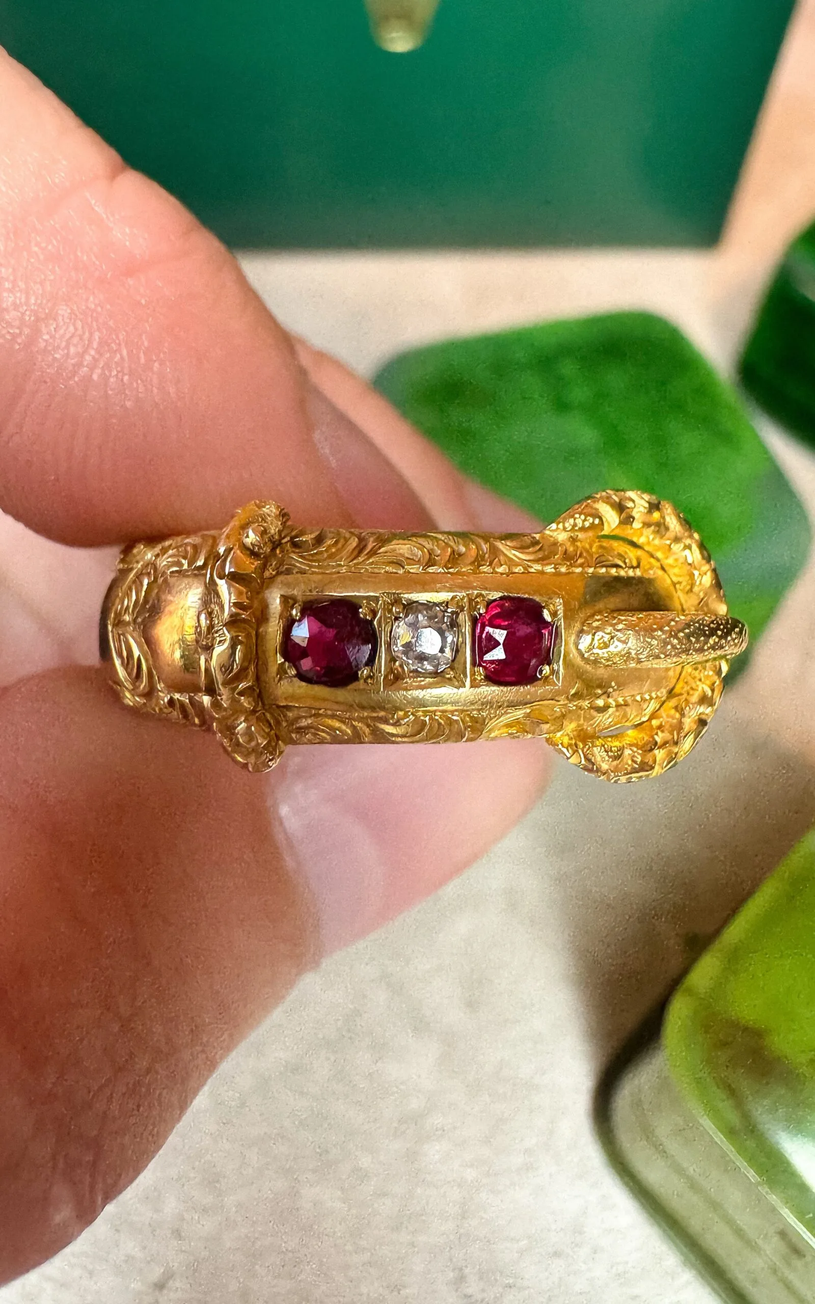 Antique 18ct Gold Ruby and Diamond Buckle Ring